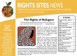 [ai] An informational newsletter titled 'Rights Sites News' promoting human rights education, featuring a section on the rights of refugees, with a quote from Swada Tahirovic. The layout includes various topics and images related to human rights.